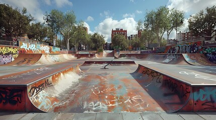 Summer skate park scene, with ramps, skateboards, graffiti art, and skaters performing tricks, for sports or action games, isolated on a transparent PNG background