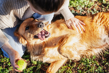 Happy woman hugging dog. Beautiful labrador retriever and girl play together in park. - 750091769