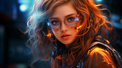 Futuristic Woman with High-Tech Glasses and Headset in Neon-Lit Cyber Environment - obrazy, fototapety, plakaty
