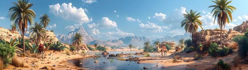 Desert oasis scenery pack, with a small water pond, palm trees, camels, and a tent, designed for a survival or adventure game, isolated on a transparent PNG background - obrazy, fototapety, plakaty