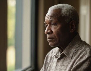 An african american senior man is looking out the window. He is sad or contemplative