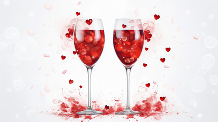 Two wine glasses with splashes of red hearts.