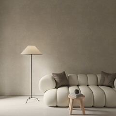 Japandi living room design with sofa , lamp and stool , modern interior mock up , empty wall space , 3d rendering
