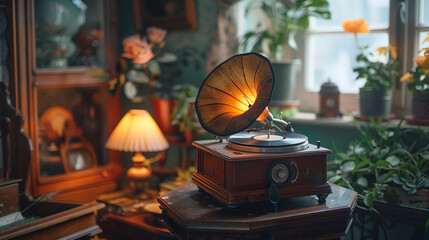A vintage-inspired phonograph tucked into a corner, its warm tones filling the room with the...