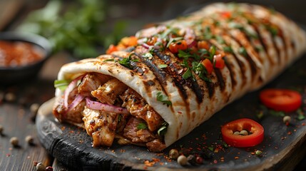 fresh grilled beef turkish or chicken arabic shawarma doner sandwich with flying ingredients and spices hot ready to serve and eat food commercial advertisement menu banner with copy space area