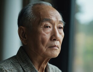 An asian senior man is looking out the window. He is sad or contemplative