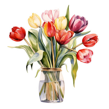 Bouquet of tulip flowers in a clear jar watercolor illustration clipart isolate on transparent background	