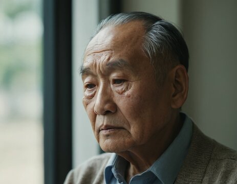 An asian senior man is looking out the window. He is sad or contemplative