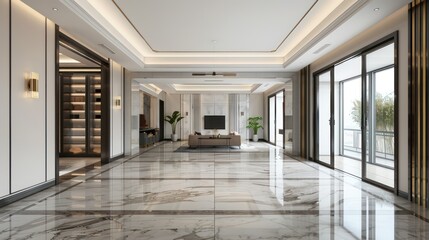 Fototapeta premium An expansive modern living room interior with marble flooring, large windows, and contemporary furniture Elegance and luxury are highlighted by natural lighting