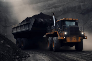 Mining truck in opencast mining-pit. Electric EV futuristic mining truck in quarry. Haul truck on ore work in open pit. Dump truck on coal transportation. Uranium mining in space. Copper mine works.