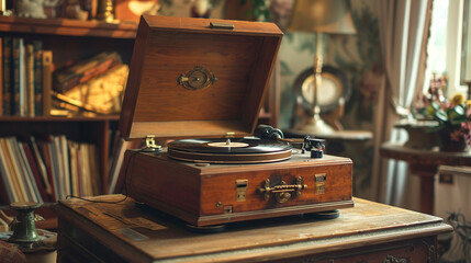 A vintage record player tucked into a corner, spinning nostalgic melodies that fill the air with warmth and comfort. - obrazy, fototapety, plakaty