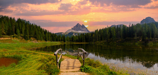 Majestic landscape of Antorno lake with famous Dolomites mountain 