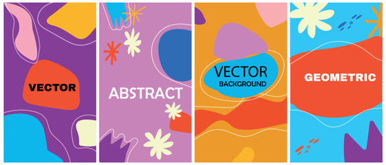 Contemporary summer posters with bright, rich colors, shapes and simple geometric elements. Trendy abstract design ideal for banners, invitations, branding designs, covers.