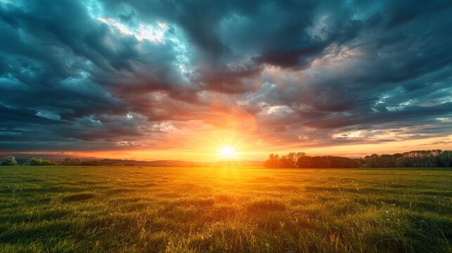 Natural Sunset Sunrise Over Field Or Meadow. Bright Dramatic Sky And Dark Ground. Countryside Landscape Under Scenic Colorful Sky At Sunset Dawn Sunrise. Sun Over Skyline, Horizon. Warm Colours.