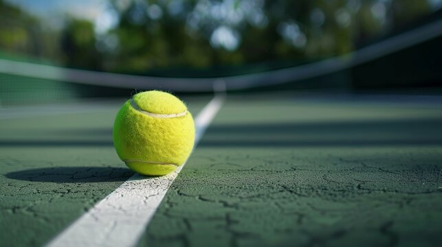 Tennis ball rests on the net in a vibrant court setting, embodying the essence of leisurely sport and outdoor recreation