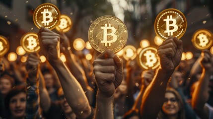 A crowd of people cheerfully holding up Bitcoin tokens, celebrating cryptocurrency enthusiasm outdoors.