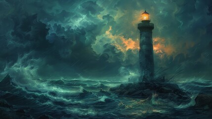 An illustrated lighthouse stands resilient amid a tempestuous sea under a turbulent night sky, guiding light piercing through the rain. - obrazy, fototapety, plakaty