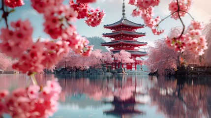 A serene Japanese pagoda is surrounded by the vibrant pink of cherry blossoms, reflecting in the tranquil pond.
