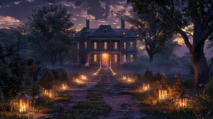 A grand historic mansion basked in the glow of twilight, with a lit pathway inviting exploration.