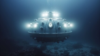 An advanced deep-sea submersible vehicle equipped with lights is exploring the dark underwater world.