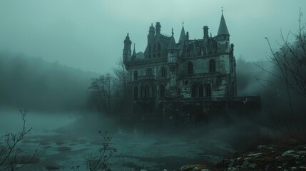 A hauntingly beautiful Gothic castle emerges from the dense mist, its spires and arches reflecting in the still waters of a lake.