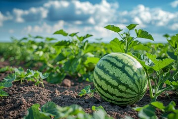 A large field of watermelons stretches into the distance, with a dramatic cloudy sky, signaling a bountiful summer crop. Fresh watermelons in field on sunny day.