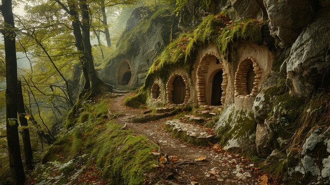 Nestled in an enchanting forest, whimsical caves with wooden doors evoke a fairy tale world waiting to be explored.