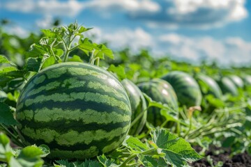 A large field of watermelons stretches into the distance, with a dramatic cloudy sky, signaling a bountiful summer crop. Fresh watermelons in field on sunny day.