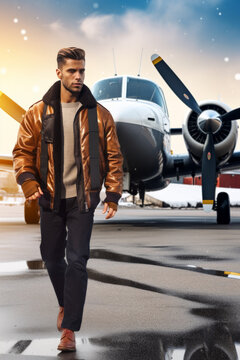 Stylish pilot walking on the tarmac away from a propeller aircraft in winter.