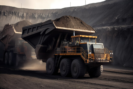 Mining truck in opencast mining-pit. Electric EV futuristic mining truck in quarry. Haul truck on ore work in open pit. Dump truck on coal transportation. Uranium mining in space. Copper mine works.