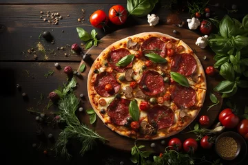 Poster Tasty pepperoni pizza on black background, delicious hot pepperoni pizza cooking ingredients tomatoes olives mushrooms, copy space, top view, above, flat lay, banner, menu, pizzeria © Poulami