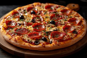 Tasty pepperoni pizza on black background, delicious hot pepperoni pizza cooking ingredients tomatoes olives mushrooms, copy space, top view, above, flat lay, banner, menu, pizzeria - obrazy, fototapety, plakaty