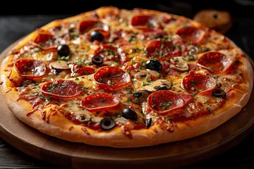  Tasty pepperoni pizza on black background, delicious hot pepperoni pizza cooking ingredients tomatoes olives mushrooms, copy space, top view, above, flat lay, banner, menu, pizzeria © Poulami