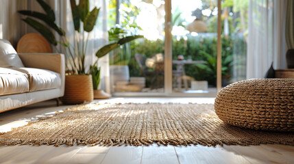 A woven jute rug anchoring the space, its texture adding depth and warmth to the clean lines of the room.