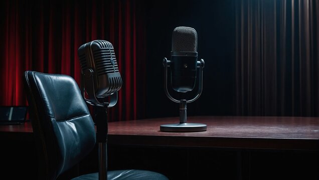 two chairs and microphones in podcast or interview room isolated on dark background as a wide banner for media conversations or podcast streamers concepts with copyspace