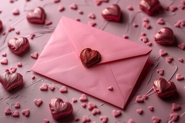 Valentines Day concept. Flat lay composition of pastel pink background and red envelope with letter in the middle.
