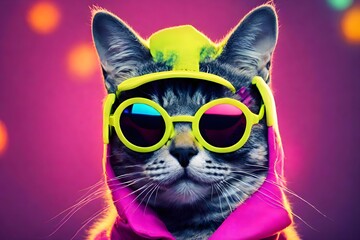 Colorful Fashionable Portrait Of A Cute And Funny Animal Pet Cat Wearing Neon Sunglasses