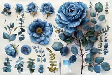 Watercolor design elements blue gold roses flowers, leaves, eucalyptus, branches set for wedding stationary