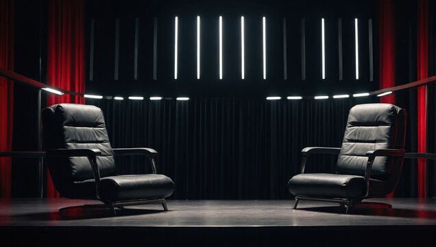 two chairs and microphones in podcast or interview room isolated on dark background as a wide banner for media conversations or podcast streamers concepts with copyspace