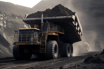 Mining truck in opencast mining-pit. Electric EV futuristic mining truck in quarry. Haul truck on ore work in open pit. Dump truck on coal transportation. Uranium mining in space. Copper mine works.