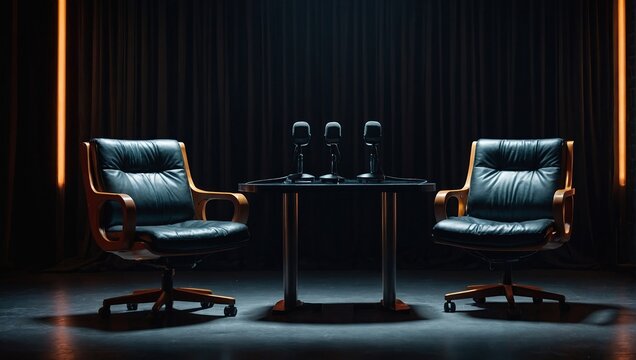 two chairs and microphones in podcast or interview room isolated on dark background as a wide banner for media conversations or podcast streamers concepts with copyspace