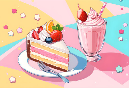 A cute image depicting a  decadent cake slice and a strawberry milkshake