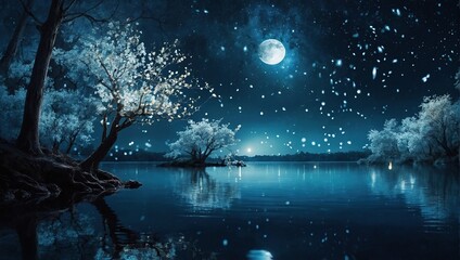 white trees of life or meditation relaxation concept with glowing golden fireflies in mystical fantasy abstract blue night sky showered by moonlight over river lake as wide banner