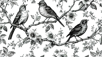 birds on a tree branch, black and white chinoiserie pattern. wallpaper for interior design	
