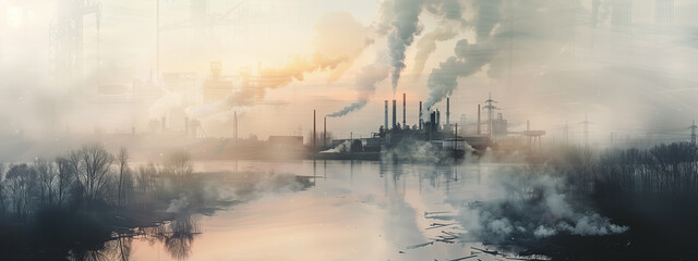 Double exposure of polluted river that merges with a smoking factory, revealing the destructive impact of industrial pollution on water ecosystems. Dystopia. © Pink Badger