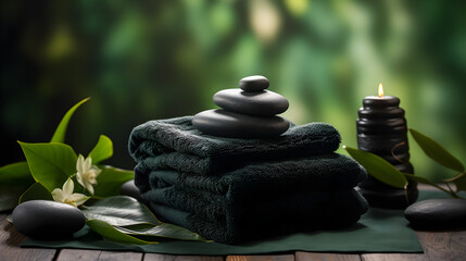Fototapeta na wymiar Cozy spa atmosphere with rolled up dark towels, smooth black stones on a dark green blurred background. Spa concept