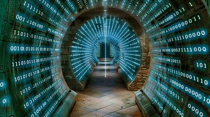 Light tunnel with futuristic blue and neon hues, symbolizing advanced technology and data...