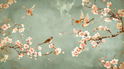Bloom. Vintage floral Chinoiserie pattern. Spring flowers and birds. muted colors	
