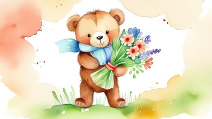 Obraz na płótnie Canvas Teddy bear is holding bouquet of flowers isolated on pastel background. Concept of birthday and warmth, affection as teddy bear is symbol of love and comfort. Flowers add touch of beauty, color.