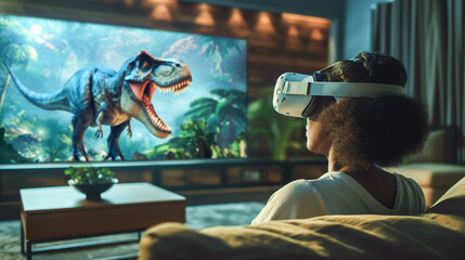 A young African-American woman in white augmented, virtual reality glasses watches a realistic 3D movie about dinosaurs in a cozy home interior.